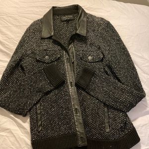 Rag and Bone button front knit jacket. Black and white, lamb skin collar.